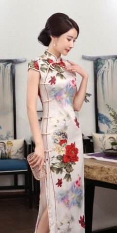 Vestido Oriental Longo Off White Flor Da Fortuna