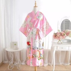 Kimono De Poliéster Longo Rosa Estampa Gueixa *
