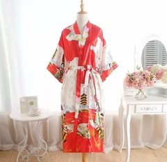 Kimono De Poliéster Longo Vermelho Estampa Gueixa na internet