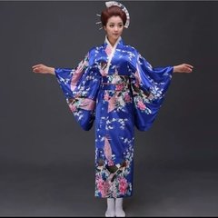 Yukata Feminina adulto Azul Com Estampa De Pavão - Tam Único