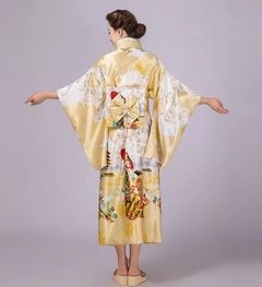 Yukata Feminina Dourada Com Estampa De Gueixa - Tam Único - comprar online