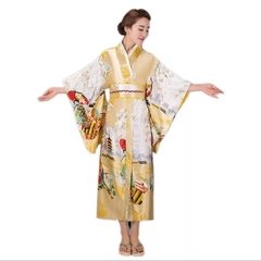 Yukata Feminina Dourada Com Estampa De Gueixa - Tam Único