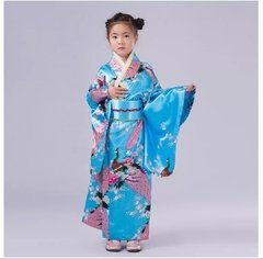 Yukata Infantil Em Seda Estampa Pavão Azul Turquesa