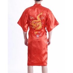 Kimono Longo Cetim Bordado Com Dragão Unissex Vermelho com Bolso