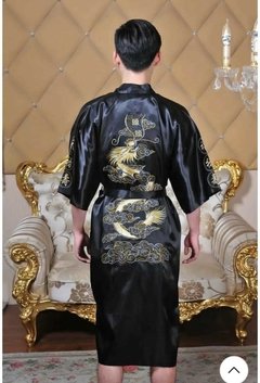 Imagem do Kimono Longo Cetim Bordado Dragão com Bolso - Preto