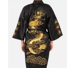 Kimono Longo Cetim Bordado Dragão com Bolso - Preto - loja online