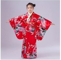 Yukata Infantil Em Seda Estampa Pavão Vermelha na internet