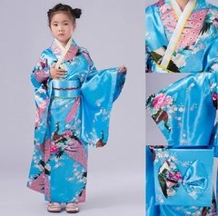 Yukata Infantil Em Seda Estampa Pavão Azul Turquesa - comprar online