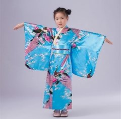 Yukata Infantil Em Seda Estampa Pavão Azul Turquesa na internet