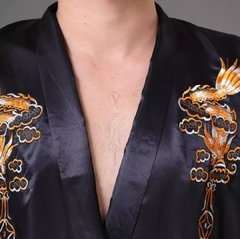 Kimono Longo Cetim Bordado Dragão com Bolso - Preto na internet