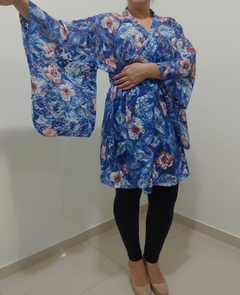 Yukata Curta Azul Royal estampada