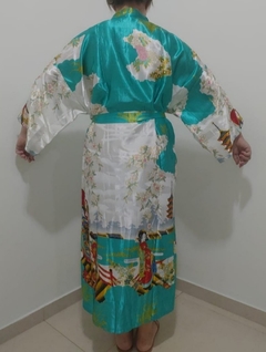 Kimono de Poliéster Longo Turquesa Estampa Gueixa - Kimonos Liberdade