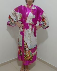Kimono de Poliéster Longo Pink Estampa Gueixa na internet