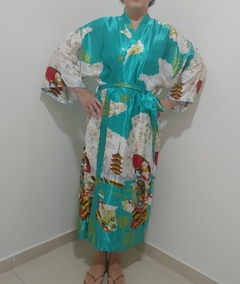 Kimono de Poliéster Longo Turquesa Estampa Gueixa na internet