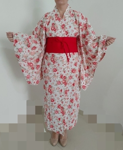 Yukata em algodão branca florida com Obi Laço - comprar online