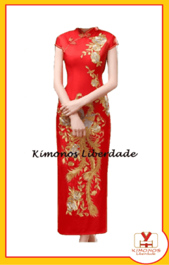 Vestido Oriental Longo Com Estampa De Fênix - Vermelho *