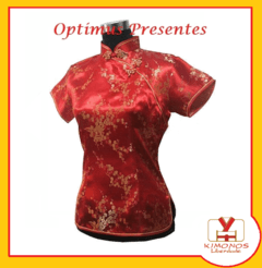 Blusa Chinesa Com Estampa Flor De Cerejeira - Vermelha - comprar online