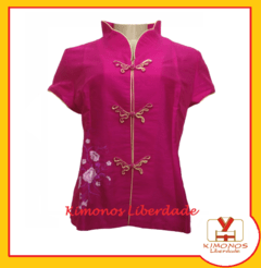 Imagem do Blusa Oriental Feminina Fúcsia Com Estampa De Flores