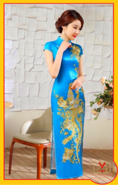 Vestido Oriental Longo Com Estampa De Fênix - Azul *