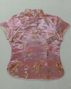 Blusa Chinesa Rosa com estampa de Dragão e Fênix