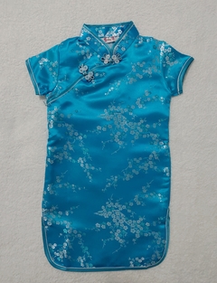 Vestido Infantil com estampa Flor de Cerejeira Azul Turquesa