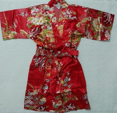 Kimono Infantil De Cetim Vermelho Com Estampa De Cerejeira