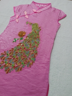 Vestido Infantil Bordado Pavão - Rosa Escuro - comprar online