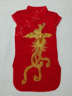 Vestido Infantil Bordado Fênix - Vermelho