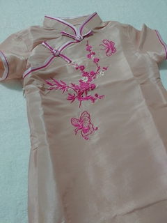 Vestido Oriental Infantil Rosa Com Estampa De Flores - Kimonos Liberdade