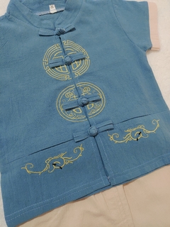 Conjunto Oriental menino azul com bermuda - Kimonos Liberdade