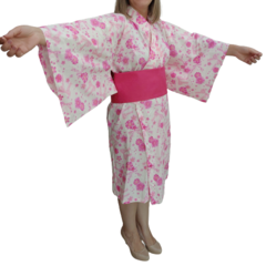 Yukata Feminina Curta Floral rosa com Obi