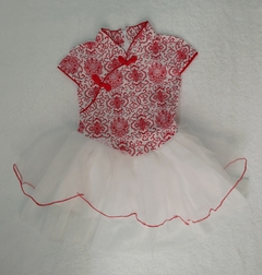 Vestido Infantil Vermelho e Branco estampa de Flor - Kimonos Liberdade