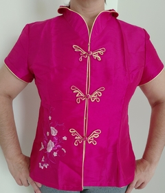 Blusa Oriental Feminina Fúcsia Com Estampa De Flores - Kimonos Liberdade