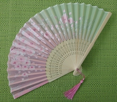 Leque Japonês com flor de Sakura - Duo Rosa e Verde