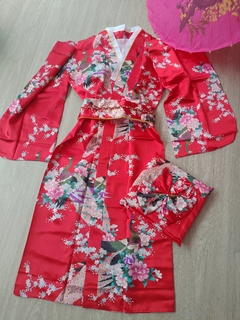 Yukata Feminino Vermelha Com Estampa De Pavão - Tam Único na internet