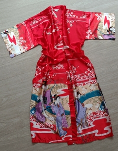 Kimono De Cetim Longo Vermelho Gueixa e Cerejeiras