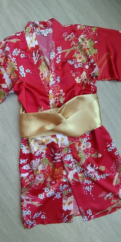 Kimono Infantil De Cetim Vermelho Com Estampa De Cerejeira - Kimonos Liberdade