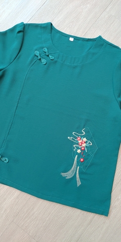 Blusa oriental Verde Bordada - Leque - comprar online