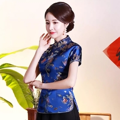 Blusa Chinesa Com Estampa Dragão E Fênix - Azul - comprar online