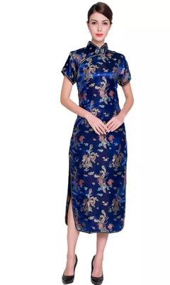 Vestido Longo Oriental Estampa Dragão e Fênix Azul