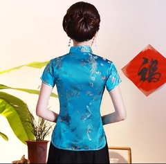 Blusa Chinesa Com Estampa Dragão E Fênix - Azul Turquesa - comprar online