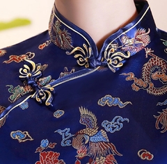 Vestido Longo Oriental Estampa Dragão e Fênix Azul - comprar online