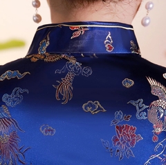 Vestido Longo Oriental Estampa Dragão e Fênix Azul na internet