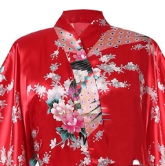 Kimono De Cetim Longo Vermelho Estampa De Pavão * - Kimonos Liberdade