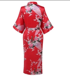 Kimono De Cetim Longo Vermelho Estampa De Pavão * na internet