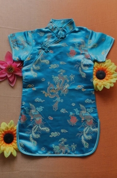 Vestido Infantil Com Estampa De Dragão E Fênix - Azul Turquesa - comprar online