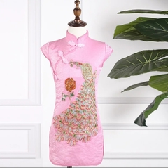 Vestido Infantil Bordado Pavão - Rosa Escuro