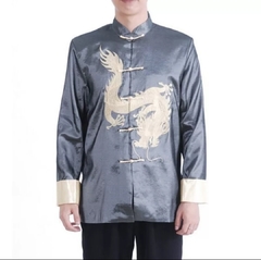 Blusa Oriental Masculina Manga Longa Estampa Dragão Cinza