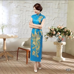 Vestido Oriental Longo Com Estampa De Fênix - Azul * - comprar online