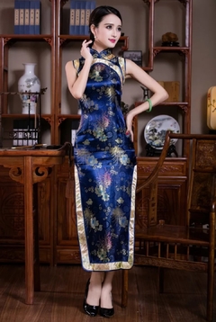 Vestido Longo Oriental Azul Estampa Flores *